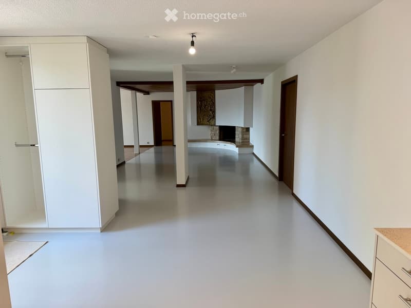 Empty hallway with white walls, polished floor, and recessed lighting. Features a large open closet on the left and a doorway leading to another room with a fireplace and bathtub visible in the background.