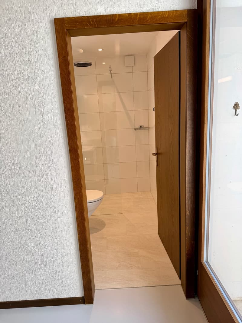 Hallway leading to a bathroom with a toilet and shower area visible through an open wooden door.