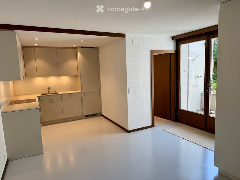 Modern kitchen with light-colored cabinets, a sink, and a faucet. The space is open and features a large sliding glass door leading to a bathroom area.
