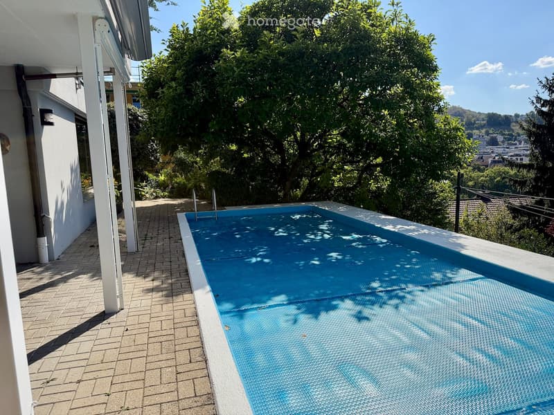Outdoor area with a swimming pool, surrounded by greenery and a brick-paved patio, with a view of trees and distant buildings.