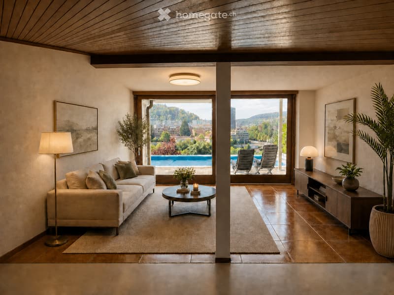 Elegant living room with a beige sofa, coffee table, floor lamp, sideboard, potted plants, and a view of a swimming pool and cityscape through large windows.