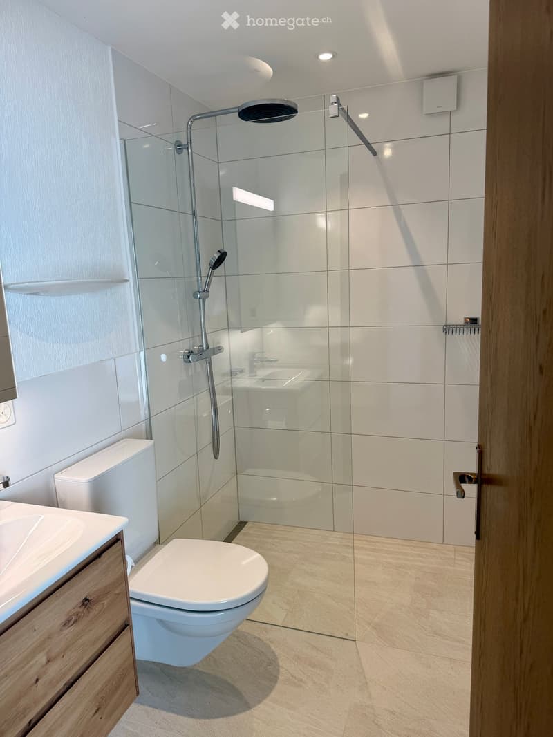 Modern bathroom with white tiles, a glass-enclosed shower, a toilet, a sink with a wooden cabinet, and a sleek showerhead.