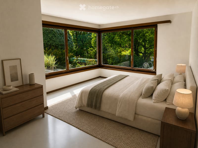 Modern bedroom with large windows overlooking a lush garden, featuring a large bed with pillows and a blanket, nightstands with lamps, a wooden dresser, and a picture frame on the wall.