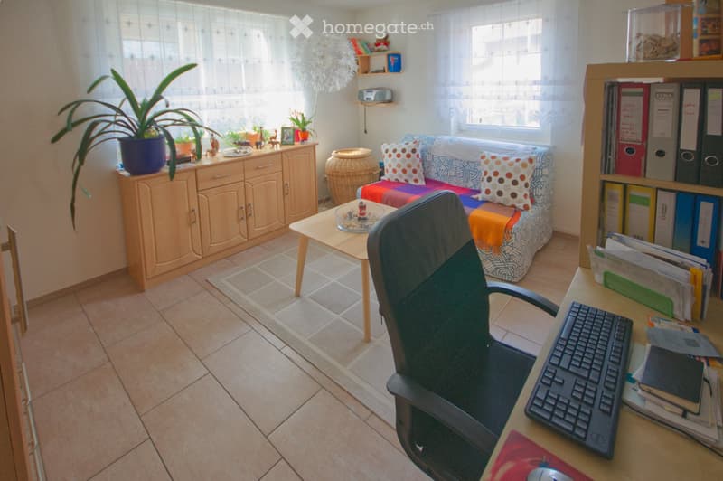 A cozy living room with a sofa, small table, wooden cabinet, potted plants, and a desk with a computer setup.