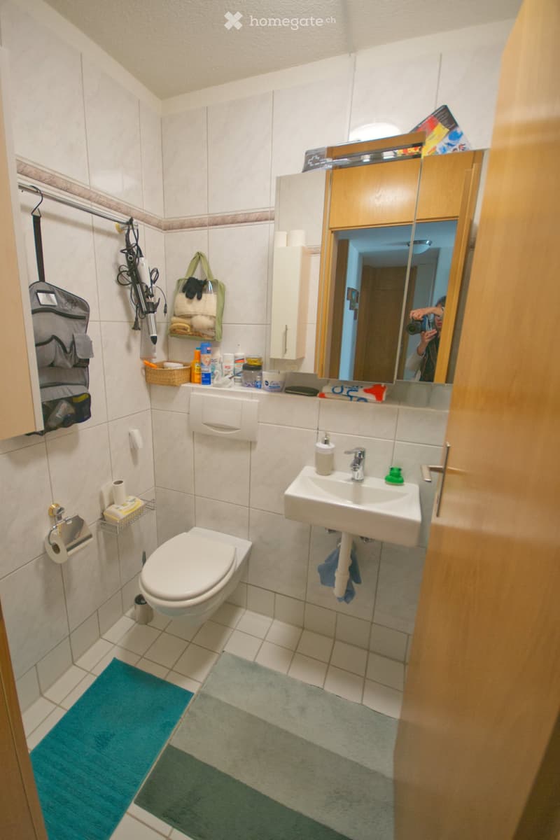 A small bathroom with a toilet, sink, mirror, and cabinet. The floor is tiled, and there are two rugs placed in front of the toilet and sink. Various bathroom accessories and toiletries are visible on the sink counter and shelves.