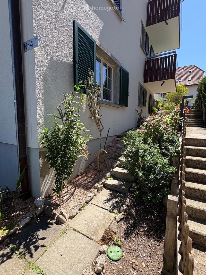 Garden area with small plants, stepping stones, wooden fence, and a green manhole cover near the house entrance.
