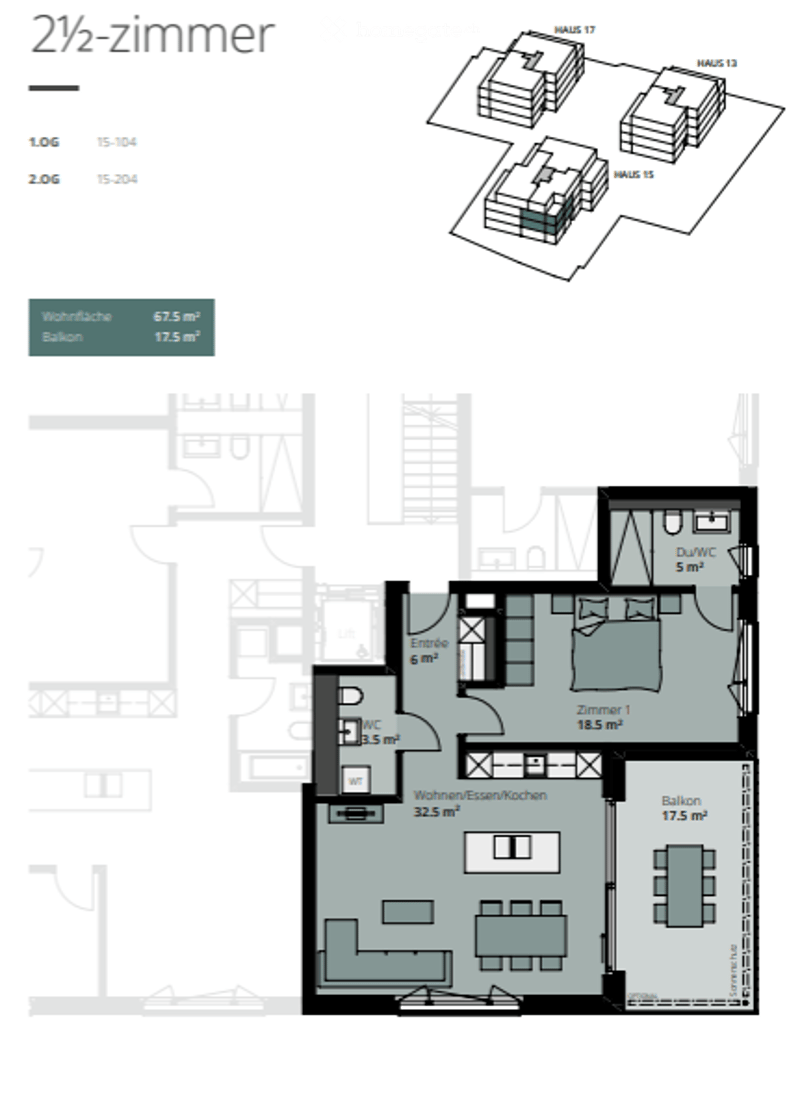 Floor plan of a 2.5-room apartment with living/dining area, kitchen, bedroom, and bathroom. Includes a balcony and additional rooms in the adjacent building.