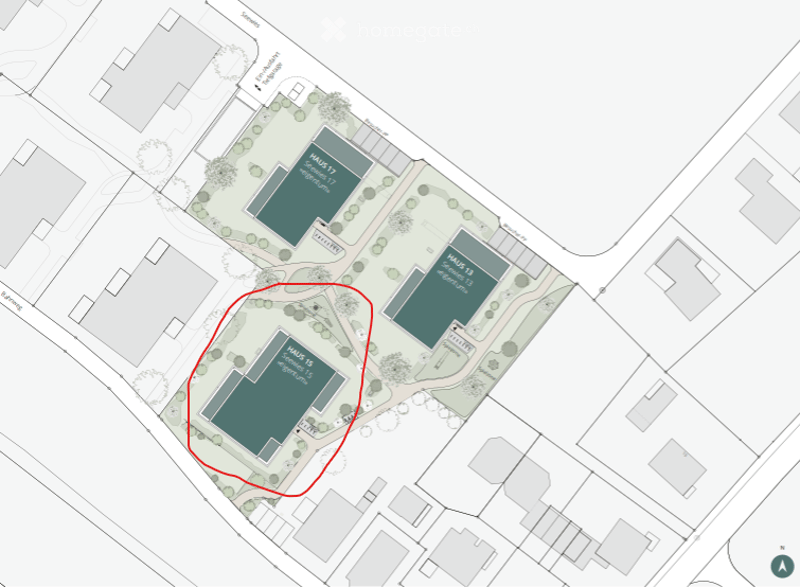 Floor plan of a multi-building complex with labeled sections including HAUS 11, HAUS 12, HAUS 13, and HAUS 14, surrounded by green spaces and pathways.