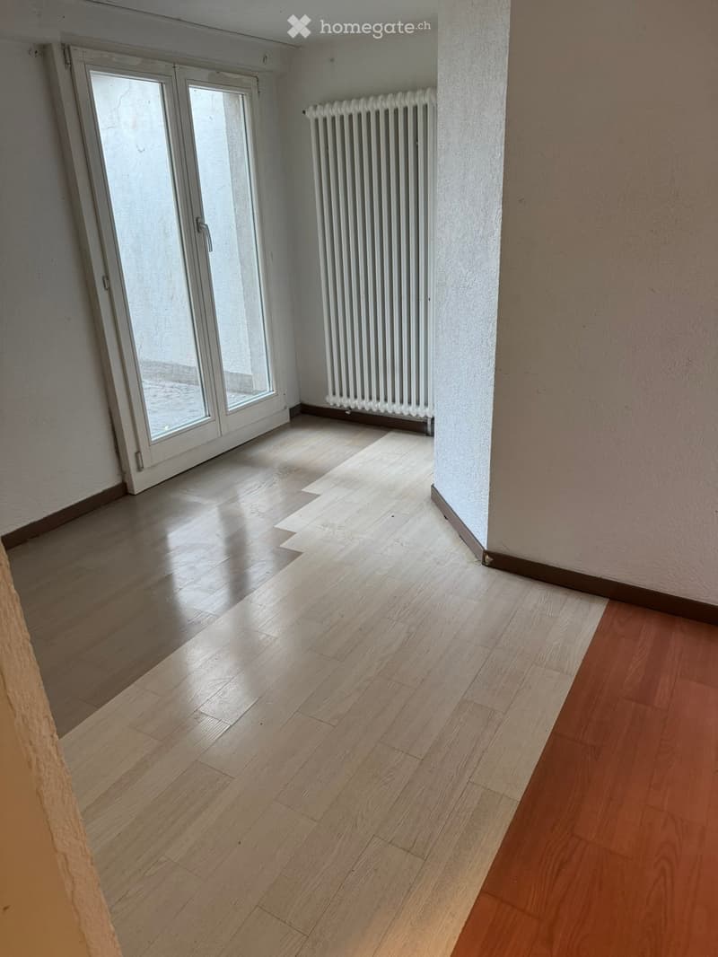 Empty room with wooden flooring, white walls, a radiator, and a glass door leading outside.
