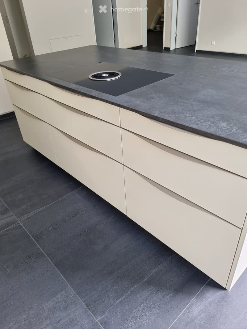 Modern kitchen with a sleek black countertop, built-in induction cooktop, and light-colored cabinets.