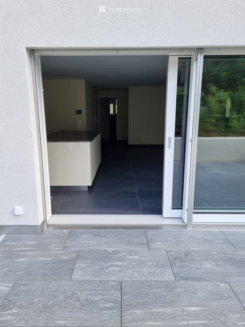 Modern hallway with large sliding glass doors leading to an outdoor area, featuring a light-colored cabinet and a dark countertop visible inside.