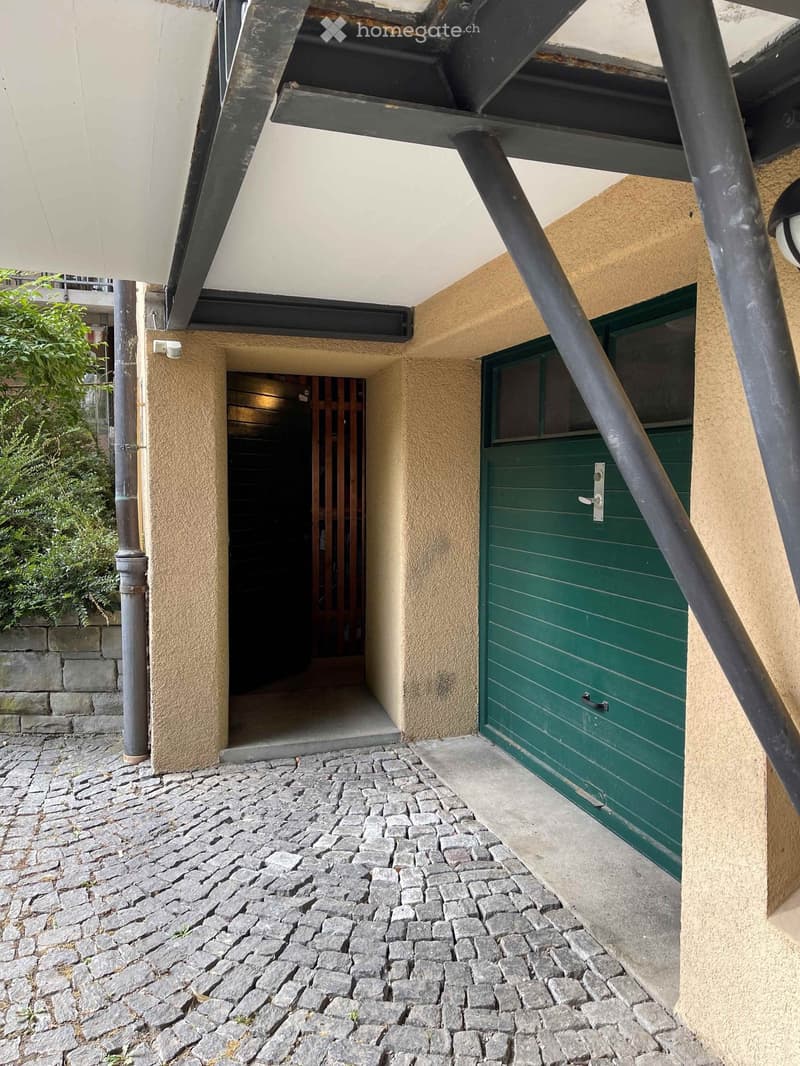 Raised ground floor entrance with cobblestone pathway, green garage door, and wooden door leading to interior.