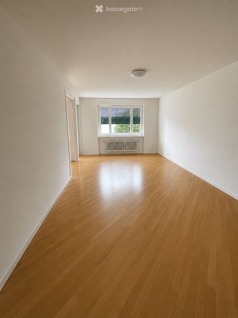 Empty room with light wooden flooring, white walls, a window with blinds, and a radiator below it.