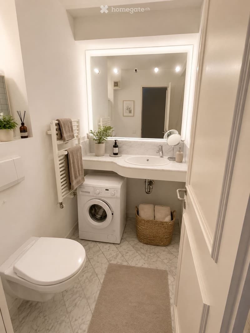 Modern bathroom with white tiles, a toilet, a sink with a large mirror, a washing machine, a wicker basket with towels, and a small plant on the windowsill.