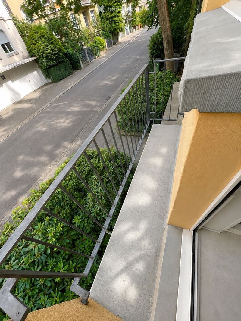 Balcony with metal railing, overlooking a quiet street lined with trees and houses. The railing is black and the balcony floor is concrete.