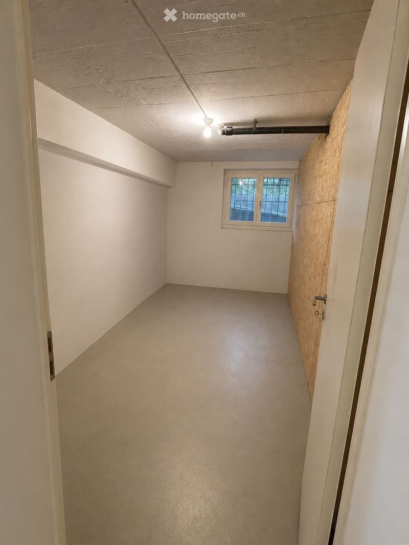 Empty hallway with beige walls, a single window at the end, and a light fixture on the ceiling.
