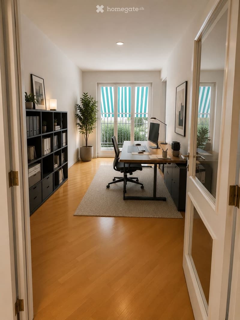 Modern office space with wooden flooring, large windows with striped blinds, a desk with a computer setup, office chair, bookshelf, and decorative plants.