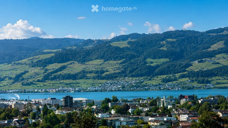 A panoramic view of a town nestled in a valley surrounded by lush green hills and mountains, with a lake in the foreground.