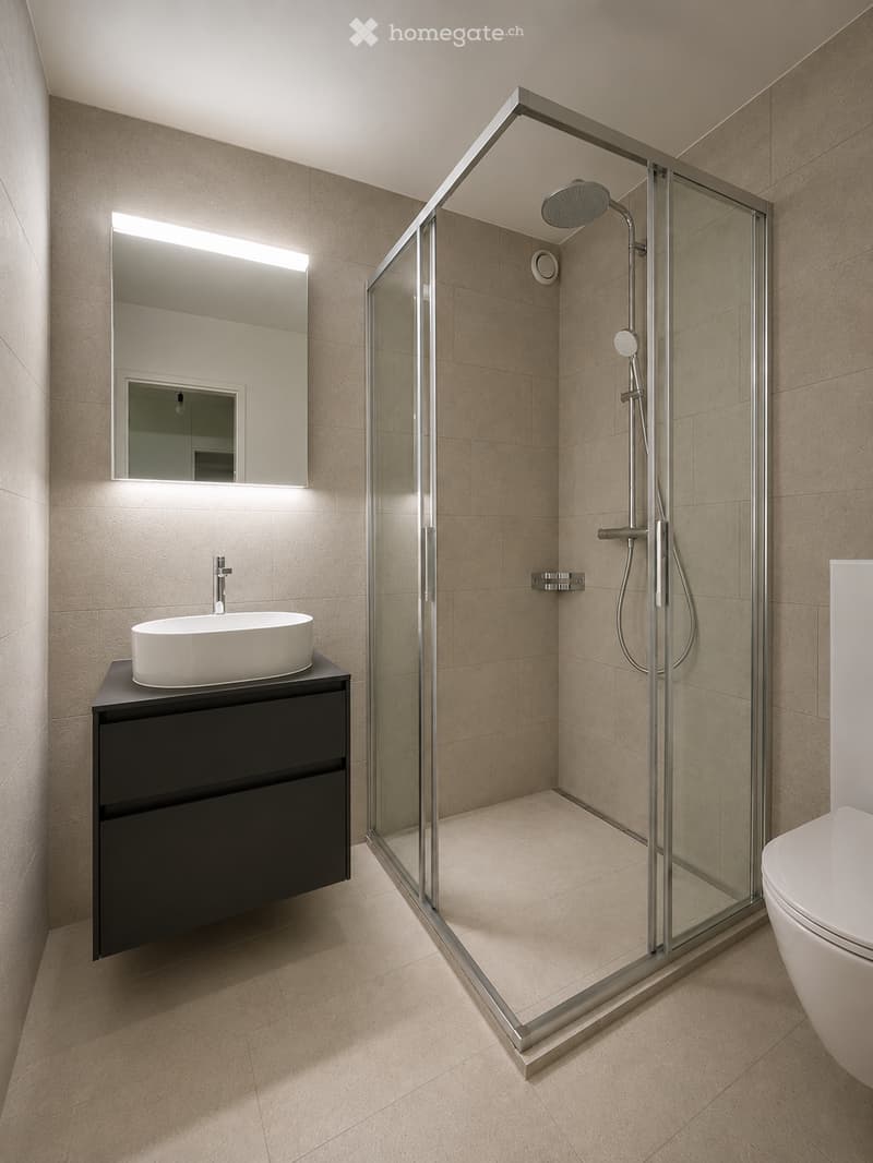 Modern bathroom with a sleek black vanity, white sink, large mirror with built-in lighting, glass-enclosed shower, and a toilet.