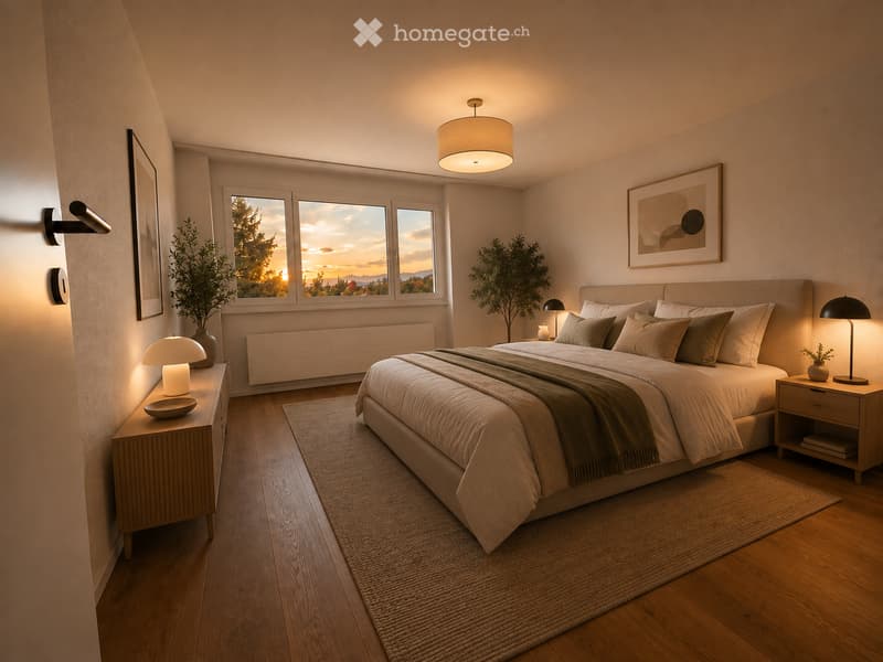Modern bedroom with a large bed, nightstands, lamps, a rug, and a scenic view through large windows.