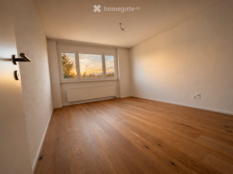 Empty room with wooden flooring, white walls, large window with view, radiator, and electrical outlets.