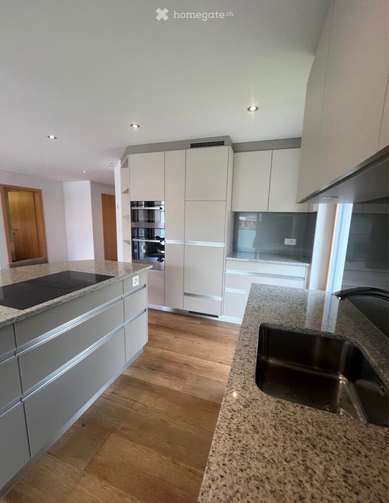 Modern kitchen with light grey cabinets, granite countertops, and a stainless steel sink. Features an electric stovetop and built-in oven.
