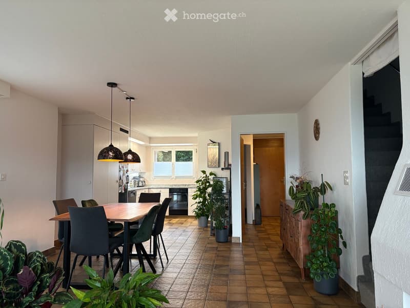Open-plan dining and kitchen area with a wooden dining table, modern chairs, kitchen cabinets, and pendant lights. Potted plants are placed around the space.