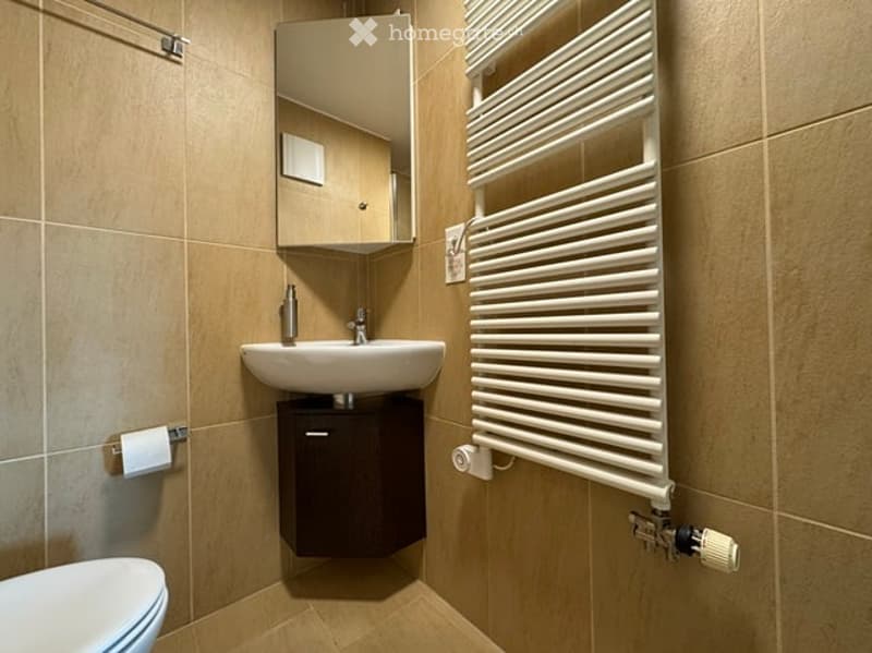Modern bathroom with beige tiles, a white sink, a mirror cabinet, a radiator, and a toilet.