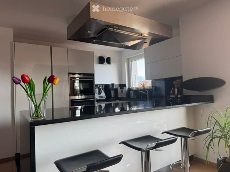 Modern kitchen with sleek white cabinets, black countertops, and stainless steel appliances. Features include a central island with bar stools, a vase of tulips, and a potted plant.