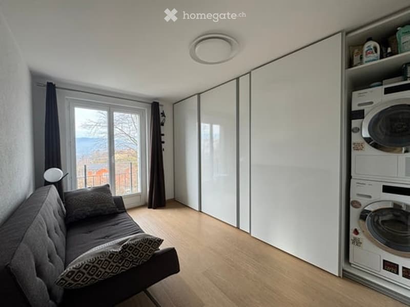 Modern, minimalist living room with a grey sofa, decorative pillows, large window with a scenic view, built-in white wardrobe, and a washing machine in the corner.