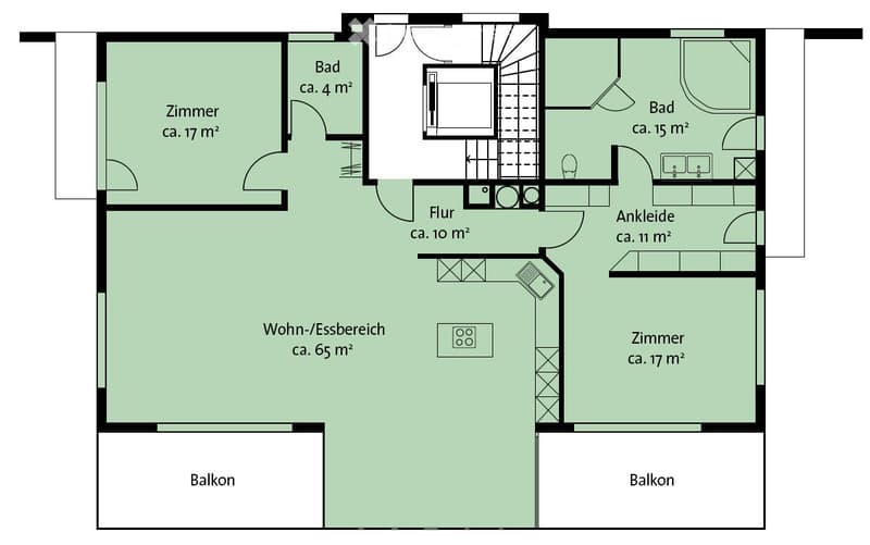 Floor plan showing a living/dining area, two bedrooms, two bathrooms, hallway, and two balconies.