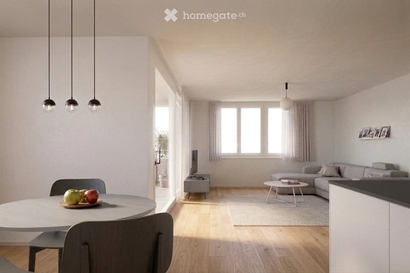 Modern living and dining area with light wooden flooring, white walls, and large windows with curtains. Features a grey sectional sofa, coffee table, dining table with chairs, and a television on a stand.
