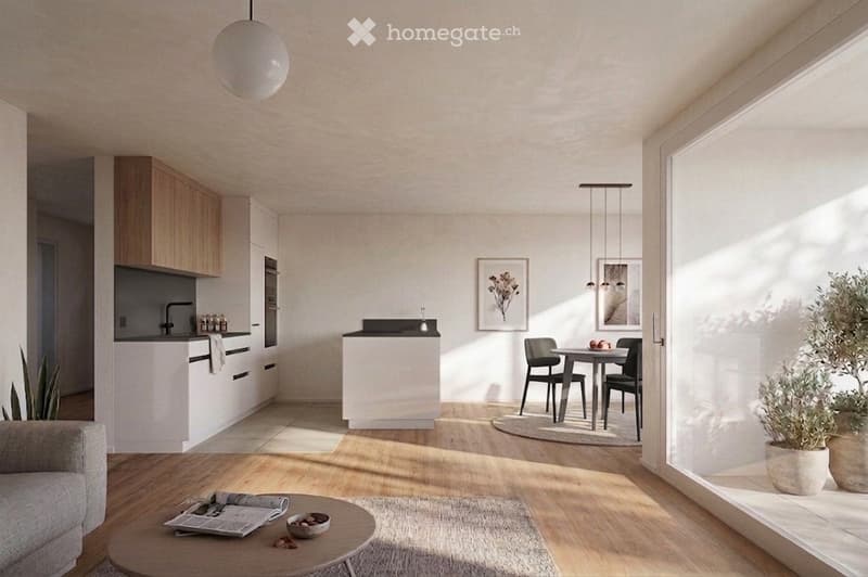 Open-plan living and dining area with modern furniture, including a sofa, coffee table, dining table with chairs, and kitchen cabinets. The space features pendant lights, framed artwork, and potted plants, with large windows allowing natural light to fill