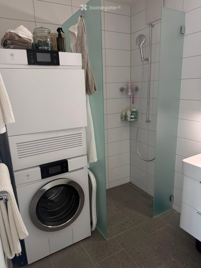 Modern bathroom with a washing machine, shower area, towels, and toiletries.