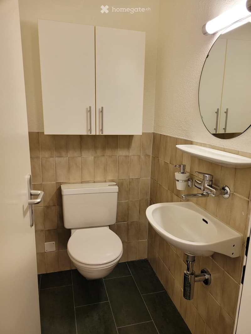 Modern bathroom with a white toilet, sink, mirror, and cabinet. Beige tiled walls and dark tiled floor.