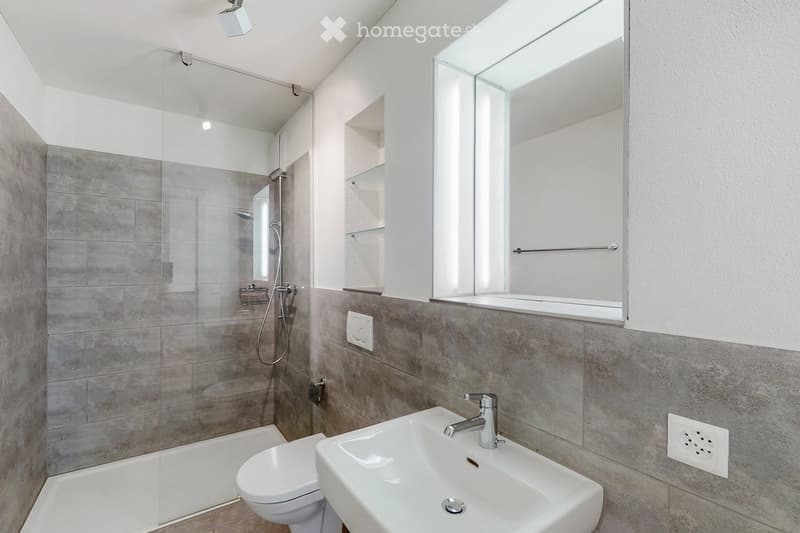 Modern bathroom with a white sink, chrome faucet, toilet, large mirror, and a glass-enclosed shower with a modern showerhead.
