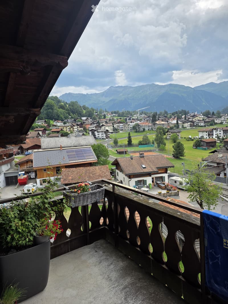 Balcony overlooking a village with mountains in the background, featuring a wicker basket with flowers and a large flower pot.