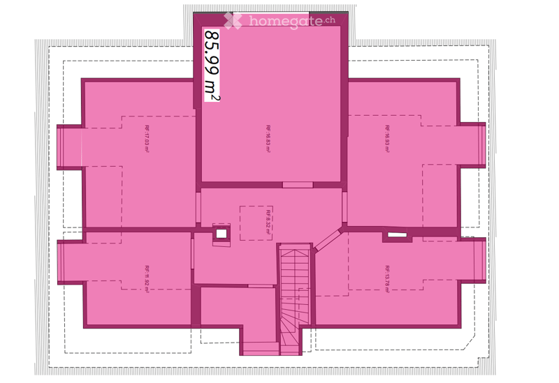 Floor plan of a residential space with multiple rooms, including living areas, bedrooms, and bathrooms.