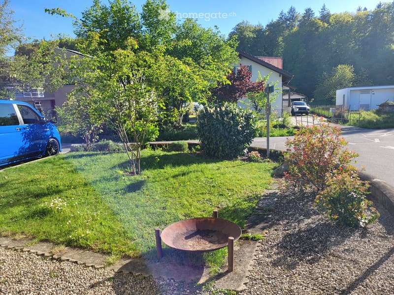 Well-maintained garden with a circular metal planter, lush green grass, and various trees and shrubs. A blue car is parked nearby, and a residential street with houses and parked cars is visible in the background.