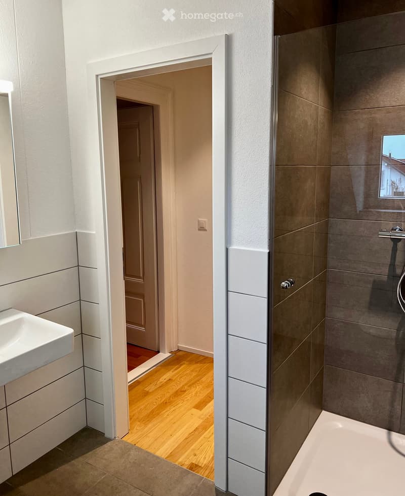 Modern bathroom with a white sink, mirror, and glass-enclosed shower. The hallway leads to another room with wooden flooring.