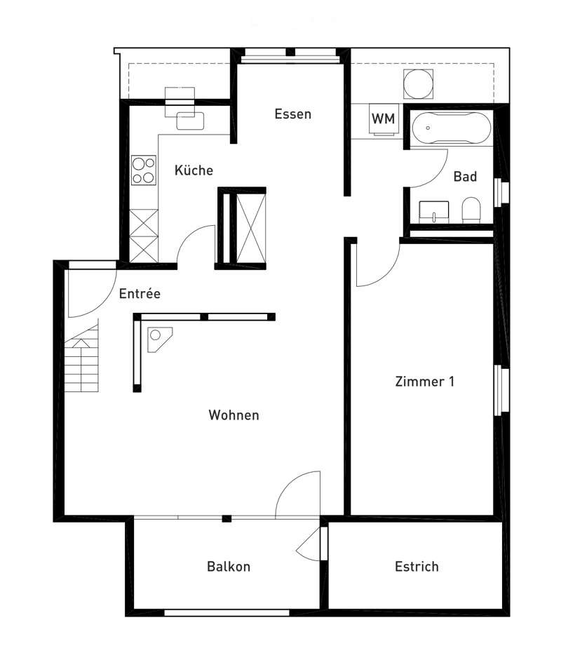 Floor plan of a 2-room apartment with a kitchen, dining area, living room, bedroom, bathroom, and balcony.