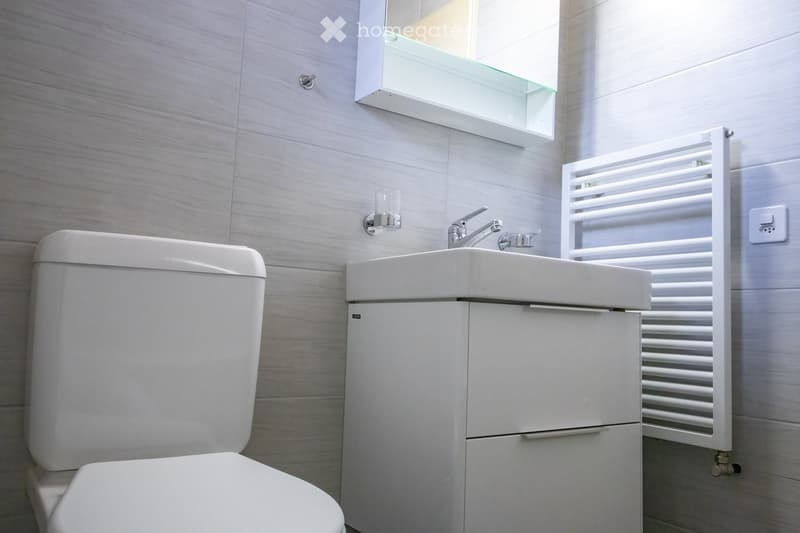 Modern bathroom with white tiles, a toilet, a sink with a faucet, a radiator, and a mirror above the sink.