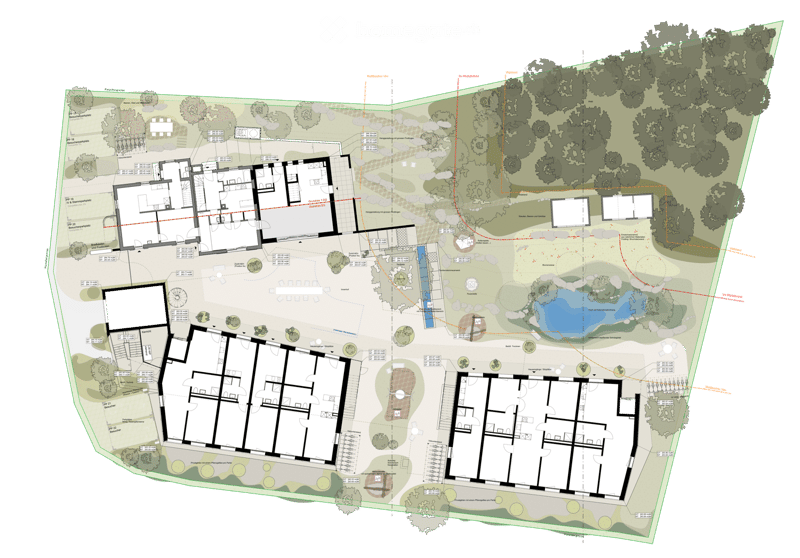 Floor plan of a residential complex with multiple buildings, outdoor spaces, and landscaping. Includes detailed layout of rooms, outdoor areas, and surrounding greenery.
