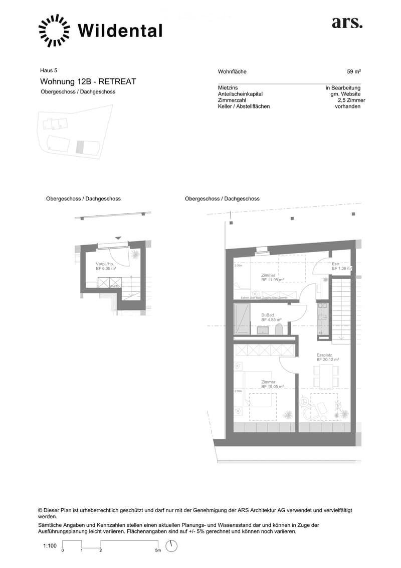 Floor plan of a 59 m² apartment with2.5 rooms, including a living room, bedroom, bathroom, and dining area. The layout shows a hallway leading to the rooms.