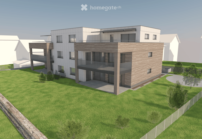 Modern two-story house with white and wood exterior, multiple windows, balconies, and a well-maintained lawn.