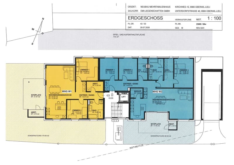 Ground floor plan of a multi-family house with two apartments, each featuring living spaces, bedrooms, bathrooms, and kitchens. Includes entrance, hallway, and shared areas.