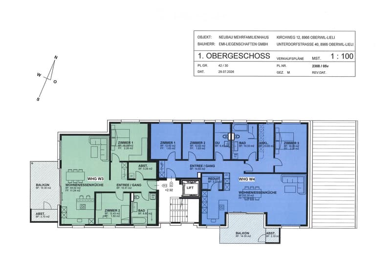 Floor plan of the first upper floor of a multi-family house, showing four apartments (WGH W3 and WGH W4), each with bedrooms, bathrooms, living/dining/kitchen areas, and balconies.