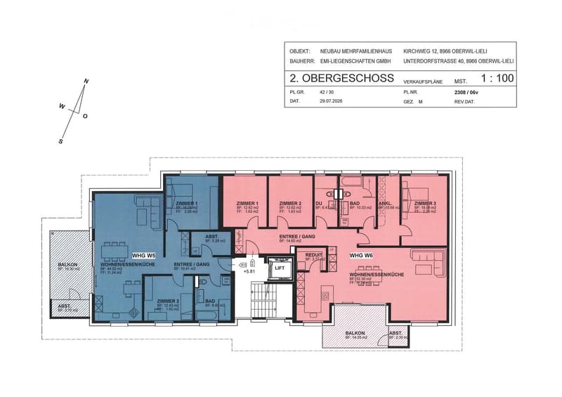 Floor plan of the second upper floor of a multi-family house, showing two apartments (W5 and W6) with bedrooms, bathrooms, living/dining areas, and balconies.