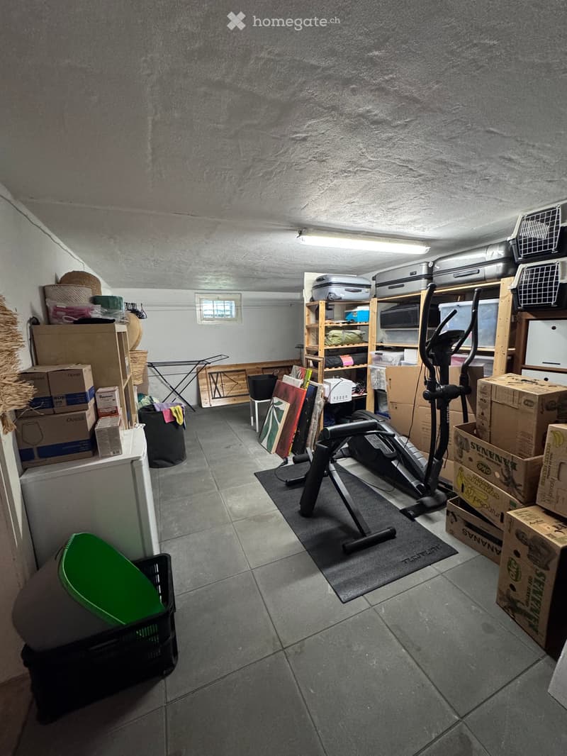 Storage room with tiled floor, exercise bike, shelves, and various stored items including boxes, suitcases, and a pet carrier.