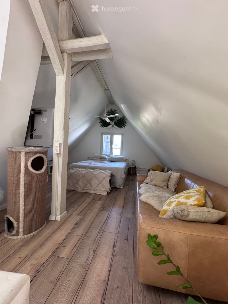 Cozy attic room with wooden floors, slanted ceilings, a bed, a sofa, a cat tree, a small table, and a fan.